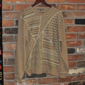 SOL Beige Brown Pattern 100% Baby Alpaca Wool Grandpa Knit Sweater. Peru L